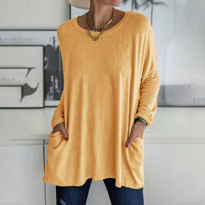 Camiseta Oversize de Manga Larga Mujer Bolsillos Cuello Redondo