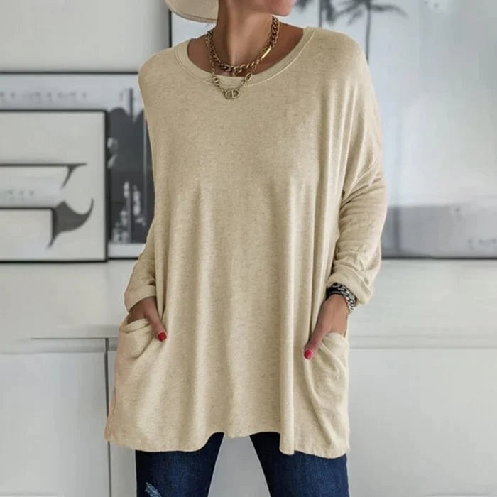 Camiseta Oversize de Manga Larga Mujer Bolsillos Cuello Redondo