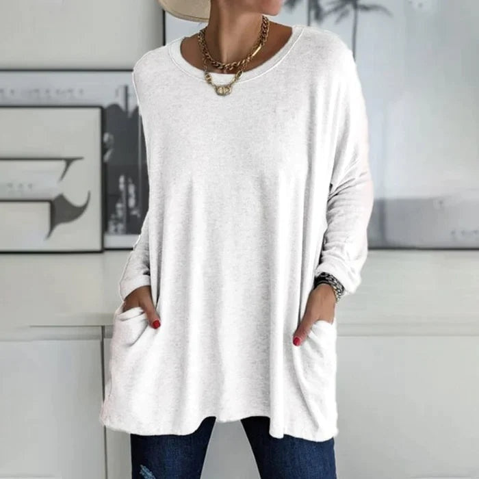 Camiseta Oversize de Manga Larga Mujer Bolsillos Cuello Redondo