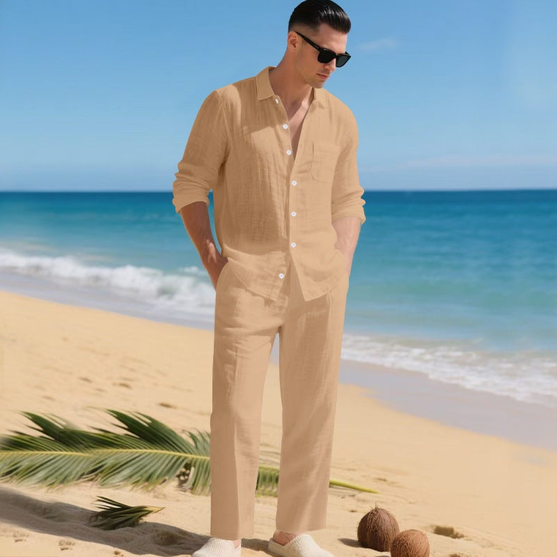 Conjunto de Lino Hombre Camisa Manga Larga y Pantalón