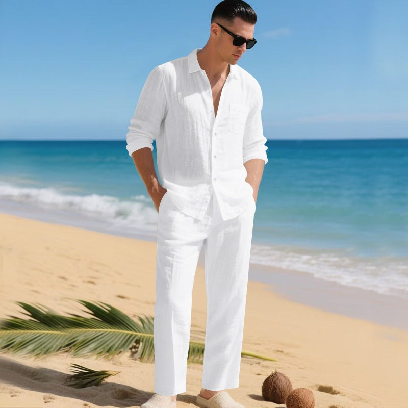 Conjunto de Lino Hombre Camisa Manga Larga y Pantalón