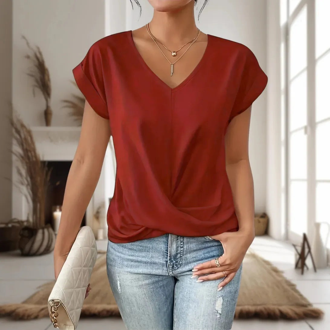 Blusa de Manga Corta Mujer Cuello en V Dobladillo Cruzado